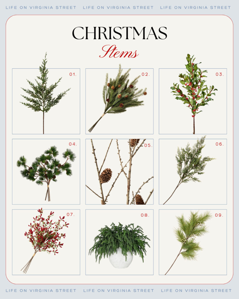 A collection of the best Christmas greenery and stems. Includes evergreen stems, stems with pinecones, berry stems, and more!