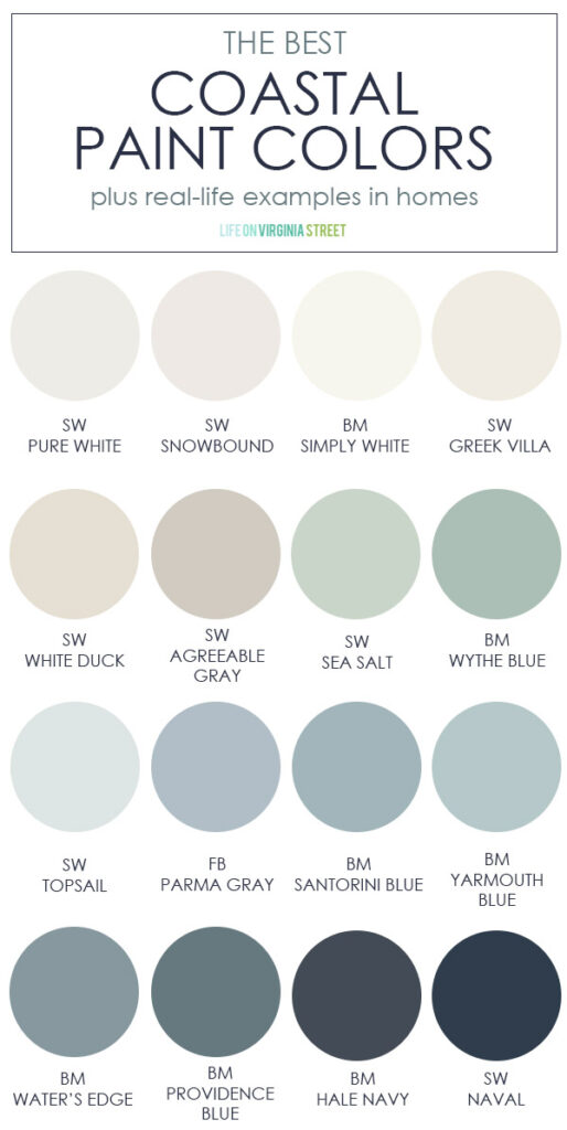 A collection of the best coastal paint colors, ranging from white to blue to sandy beige to salty greens and navy blue!
