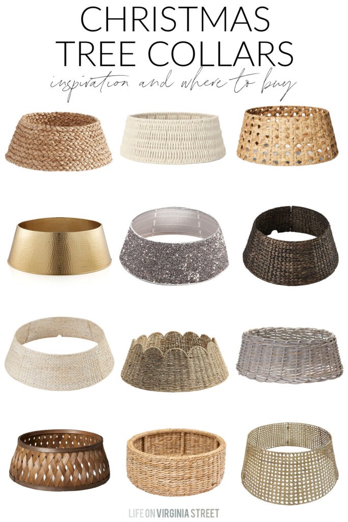 The best Christmas tree collar ideas and inspiration! Plus my top picks for tree collars including seagrass tree collars, woven collars, scalloped tree collars, wood tree collars and more! Perfect for coastal or grandmillennial holiday decor and so much more!