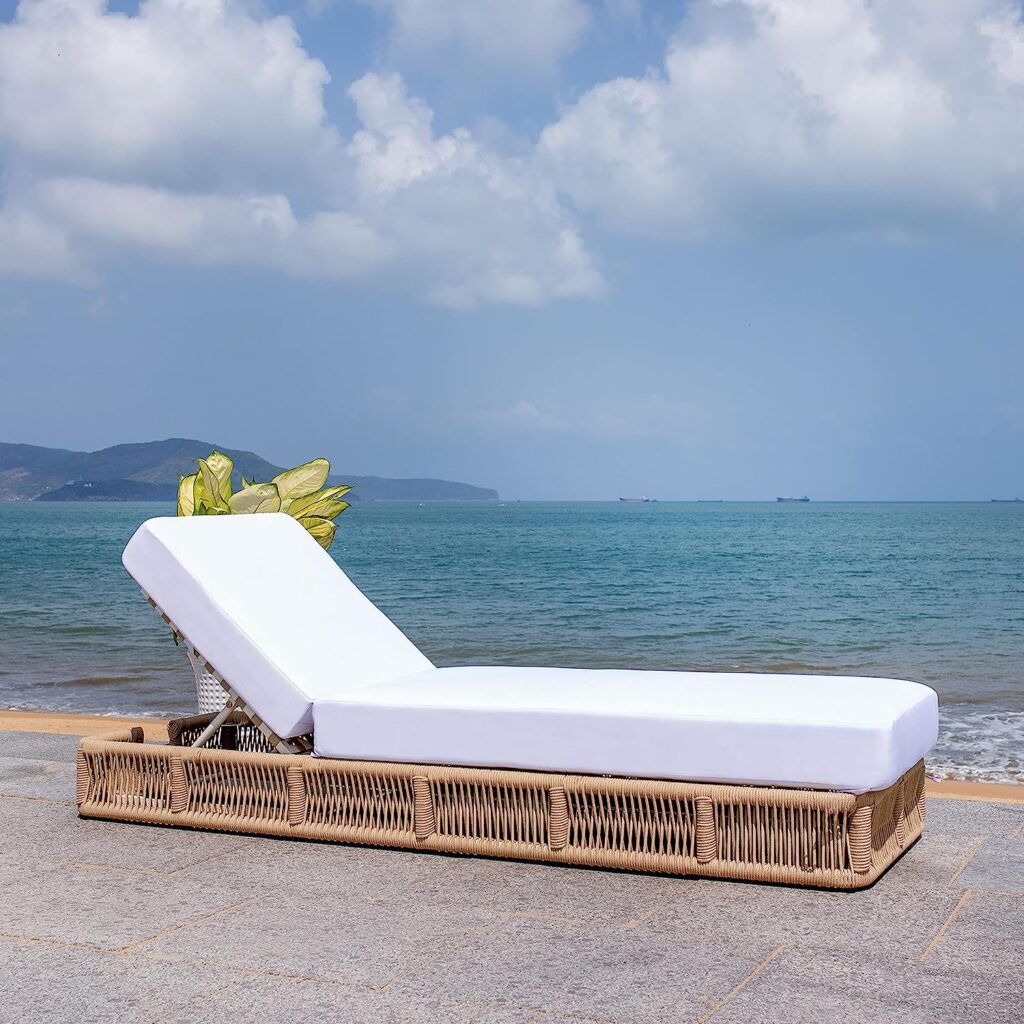 Designer look for less pool lounge chair with a natural rope frame and white cushion.