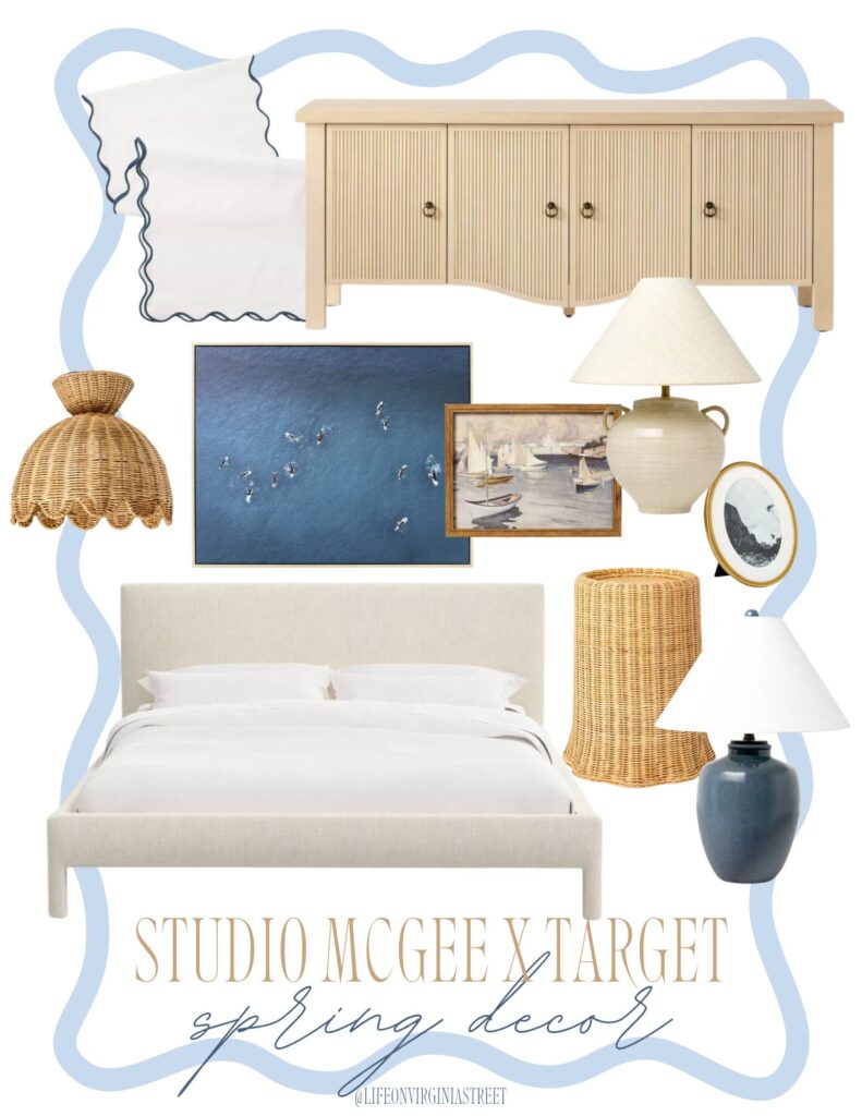 Some of my favorite 2025 Spring Studio McGee Target Collection finds! Includes a fluted media cabinet, scalloped table runner, wicker light fixture, ocean surf art, sailboat art, beautiful table lamps, an upholstered bed, scalloped rattan side table, and more!