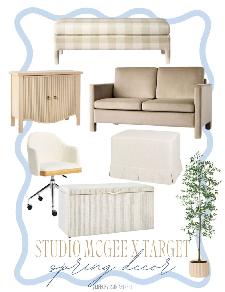 Beautiful new furniture arrivals for spring in the 2025 Studio McGee Threshold collection at Target! Includes a gingham upsholstered bench, fluted cabinet, velvet loveseat, chic office chair, box pleat ottoman, storage ottaman and an artificial tree.