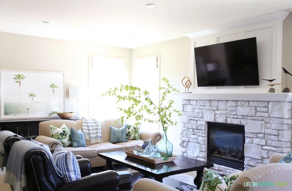 Behr Castle Path Walls in a Green, Blue and Neutral Living Room