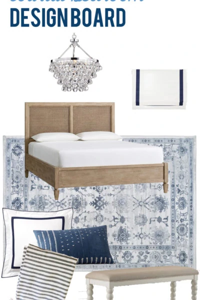 This gorgeous blue and white coastal bedroom design board offers the perfect plan and foundation to create a dream bedroom!