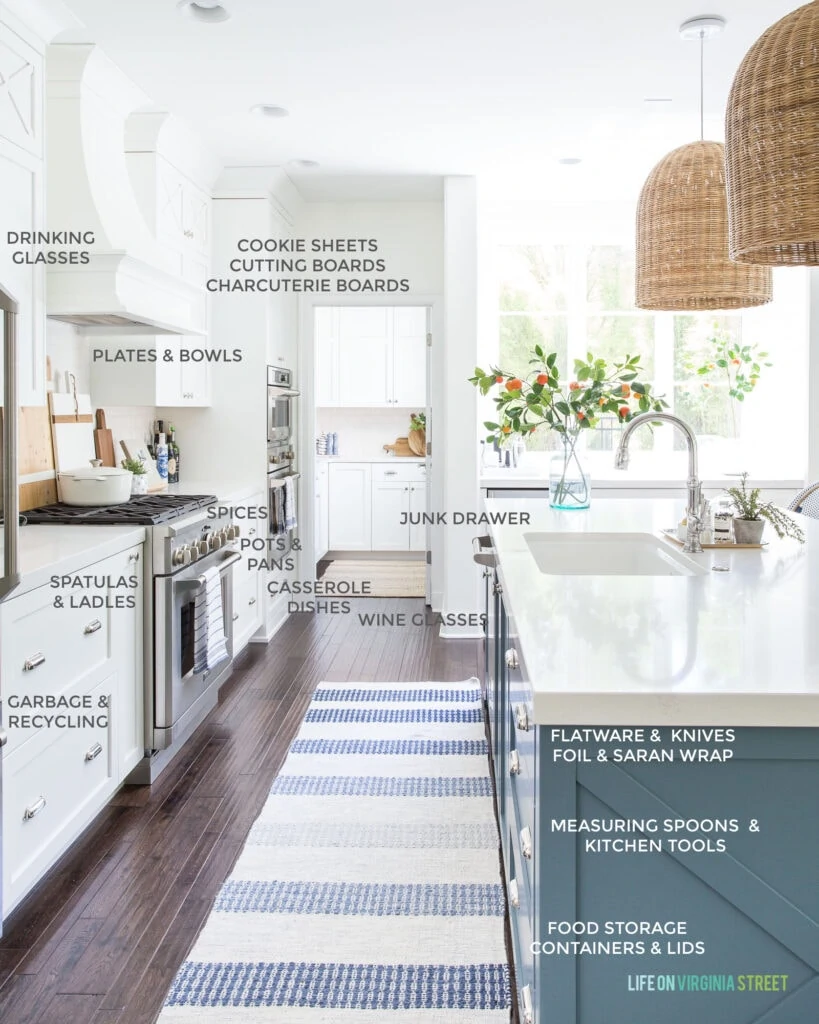 Tips on how to organize kitchen cabinets and drawers! This coastal inspired kitchen has white cabinet, a blue island, striped rug, and woven basket pendant lights.