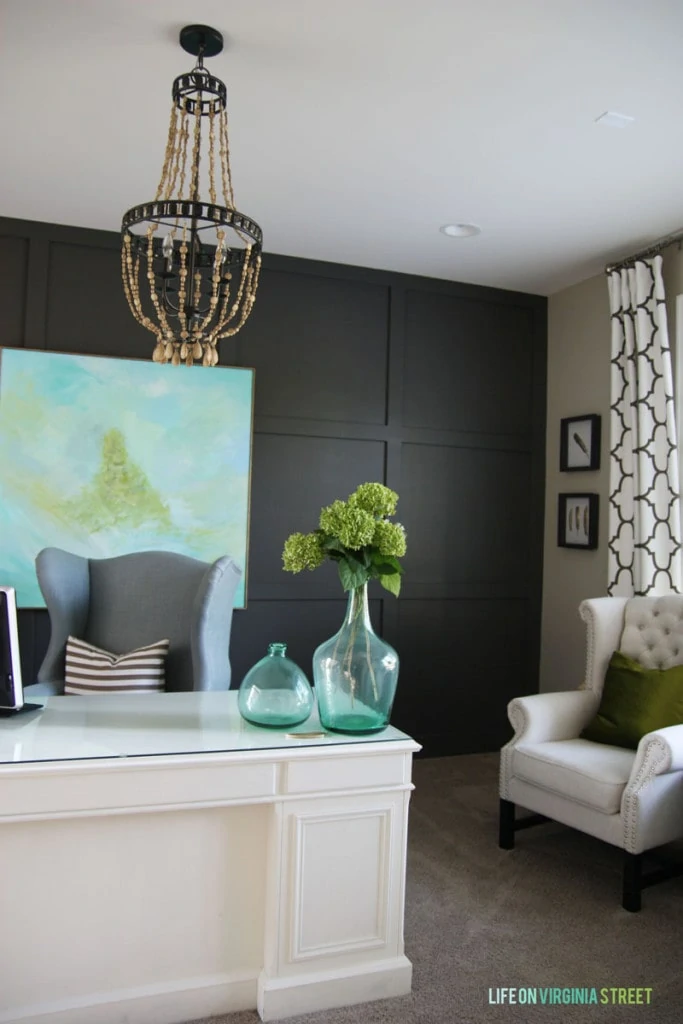 Office with Sherwin Williams' Urbane Bronze on a Board and Batten Wall with Behr Castle Path Paint on side walls