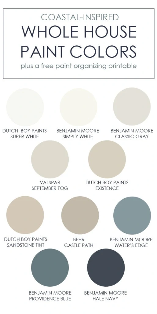 A collection of coastal inspired whole house paint colors! This post shows the colors in real spaces and also includes a free paint color organizing printable!